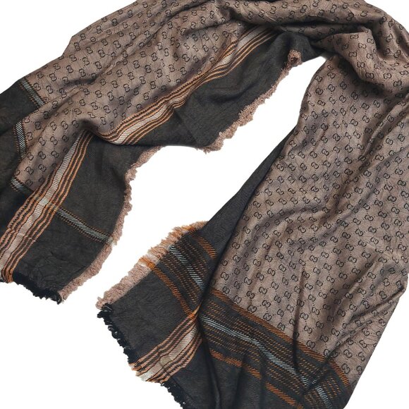 Gucci Vintage Brown Dual-Tone Monogram Orange Stripe Reversible Shawl Wrap Scarf - Picture 3 of 16